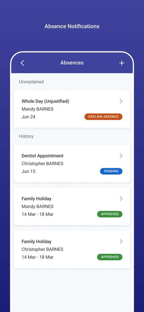 Sentral for Parents - Sentral für Eltern-App-Abwesenheitsbildschirm mit Benachrichtigungen und Verlauf