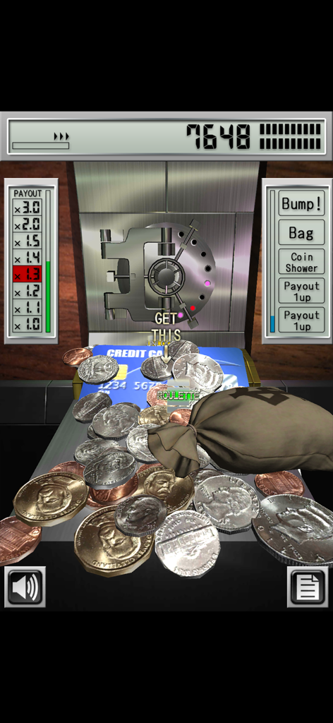 Gameplay screen of Money Pusher USD featuring realistic coins and a vault
