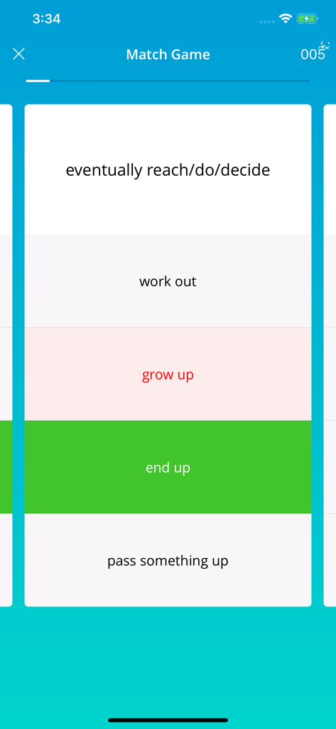 English Phrasal Verbs in Use - Match game screen in the English Phrasal Verbs in Use app showing a vocabulary quiz