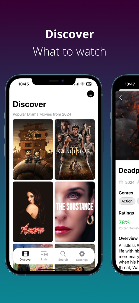 Binge List - Binge List mobile app discover screen showing popular 2024 movies on iPhone