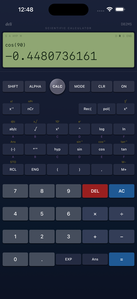 Scientific Engineer Calculator - App Calcolatrice Scientifica per Ingegneri che visualizza un calcolo del coseno su un'interfaccia scientifica classica