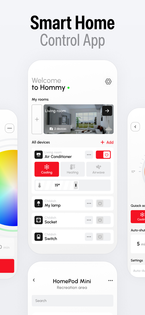 Smart Home: Remote Control App - Una interfaz de usuario de iPhone moderna y limpia para una aplicación de hogar inteligente que muestra la gestión de habitaciones y controles para un aire acondicionado, lámpara y enchufes inteligentes