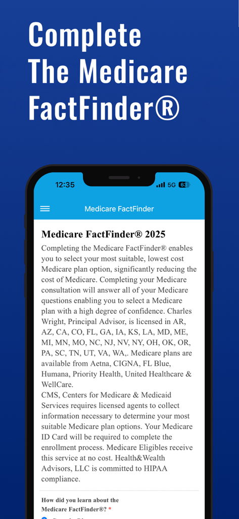 A mobile phone displaying the Medicare FactFinder 2025 informational screen within the Medicare PlanFinder app.