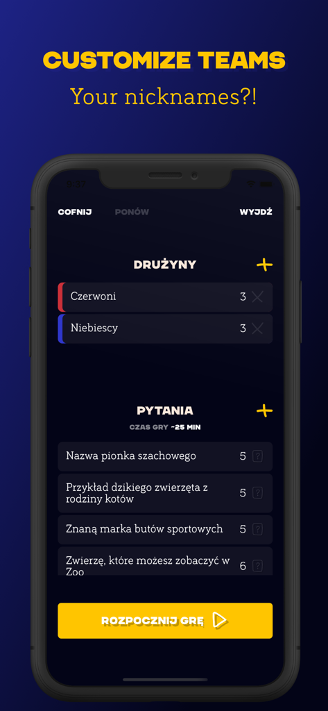 Quizado - Quizado mobile app interface for setting up teams and selecting game questions.