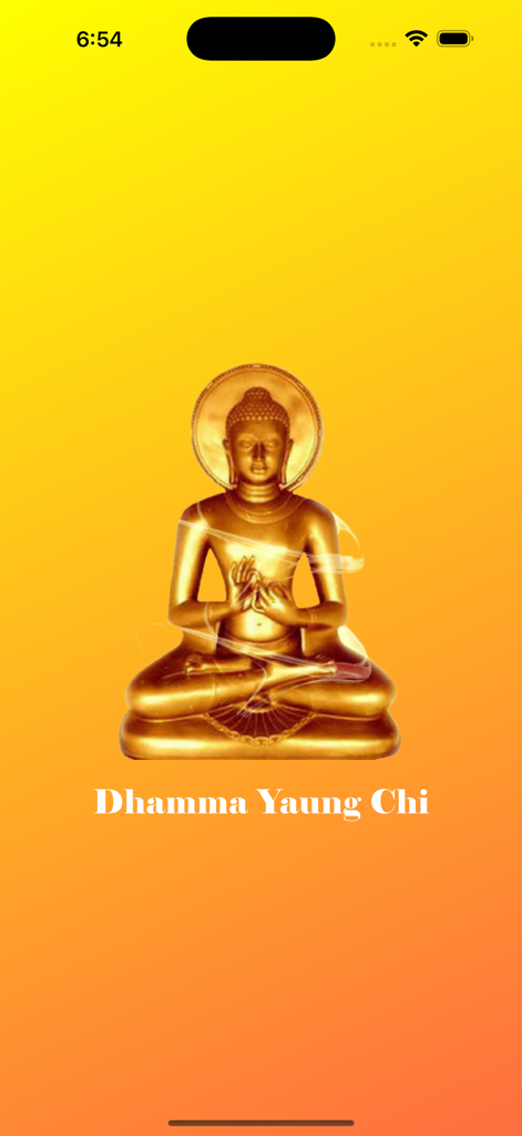 Splash screen of Dhamma Yaung Chi app featuring a golden Buddha statue on a yellow and orange gradient background