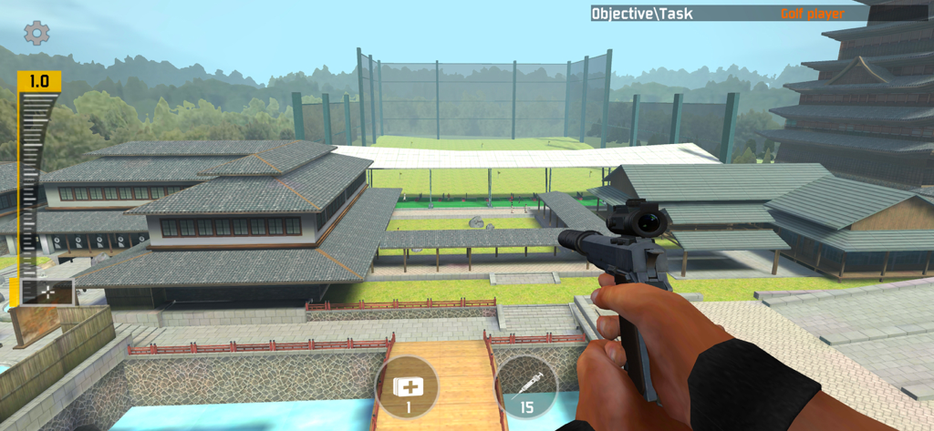 Sniper Honor: 3D Shooting Game - First person view of a silenced pistol aimed at a Japanese style building in Sniper Honor