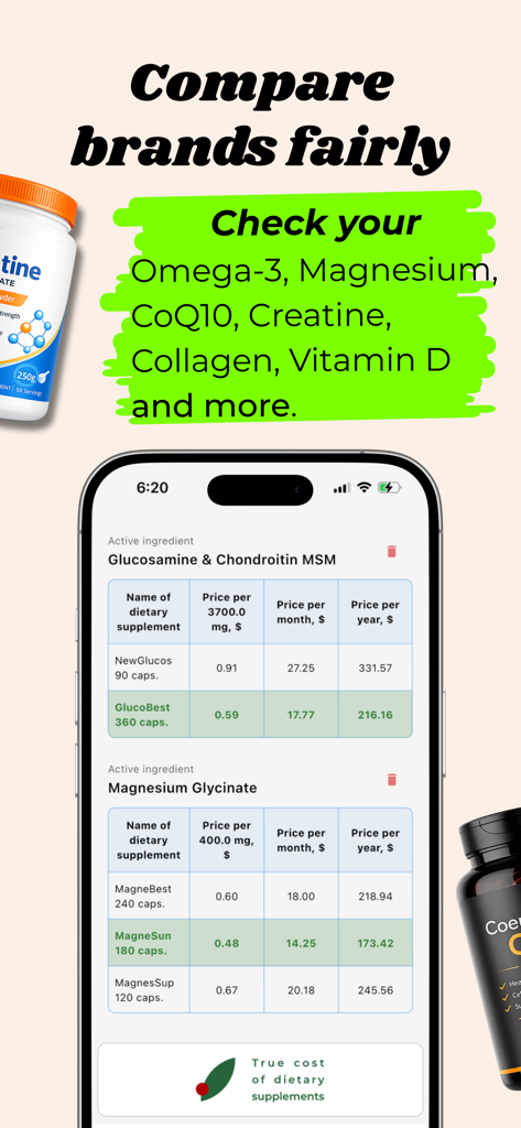 Dose Cost: Supplements - Schermata mobile che mostra l'app Dose Cost confrontare diversi marchi di integratori per costo mensile e annuale basato sui principi attivi.