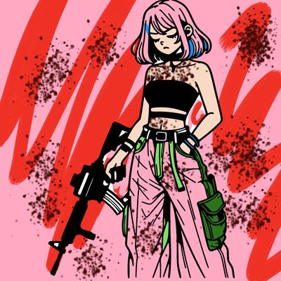 a dangerous girlcrop top and baggy jeans with a rifle in her hand