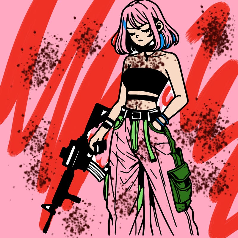 a dangerous girlcrop top and baggy jeans with a rifle in her hand