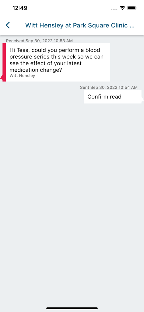 MediLink by BIOS - In-app messaging screen showing a clinic requesting a blood pressure series from a patient in MediLink by BIOS