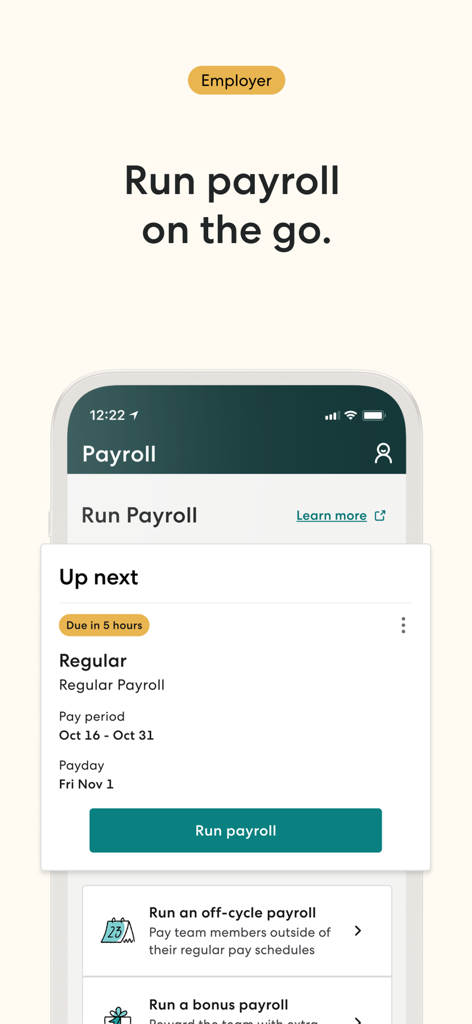 Gusto Mobile - Gusto Mobile app interface showing an employer dashboard with an option to run payroll on the go