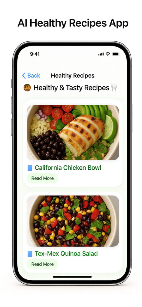 Calorie Tracker AI Food Track - Mobile App-Oberfläche mit gesunden Rezeptoptionen wie California Chicken Bowl und Tex-Mex Quinoa Salad
