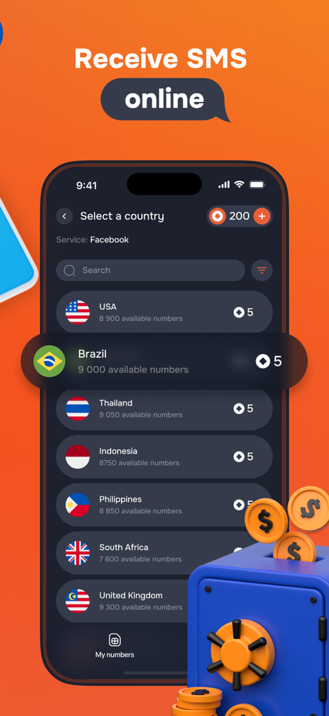 Virtual SIM: SMS activate - Interface do aplicativo mostrando uma lista de países para selecionar números de telefone virtuais para receber SMS online