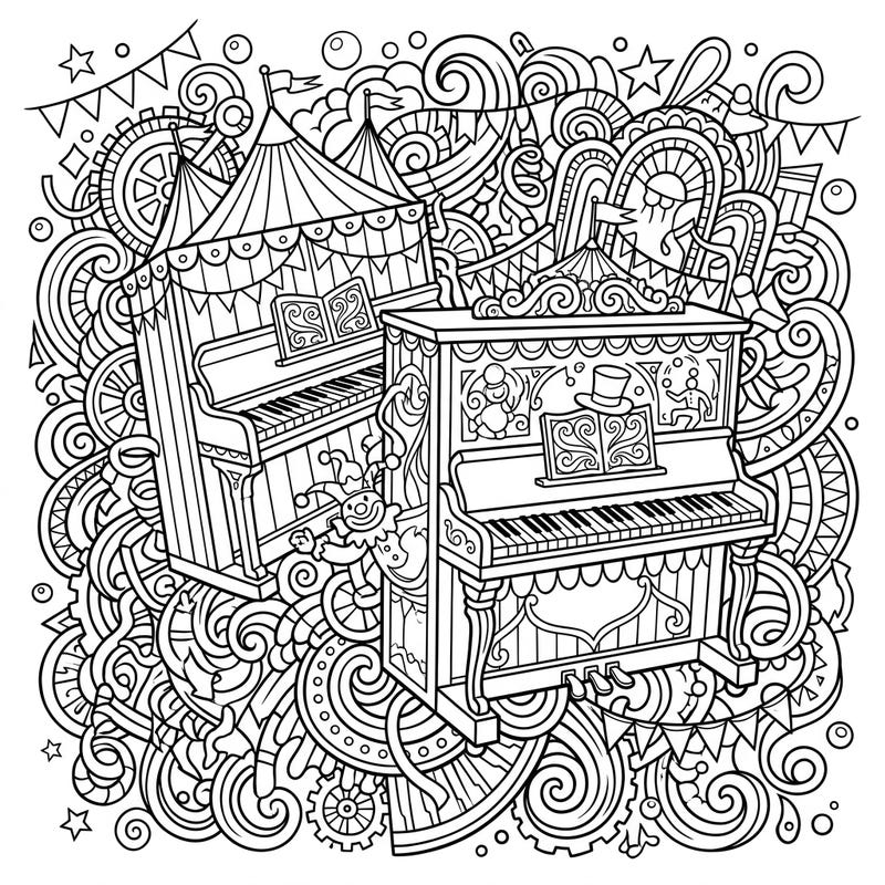 Prepare for a unique blend of music and magic with this captivating coloring page. Two grand upright pianos are playfully transformed into vibrant carnival attractions, bustling with circus fun and intricate details.