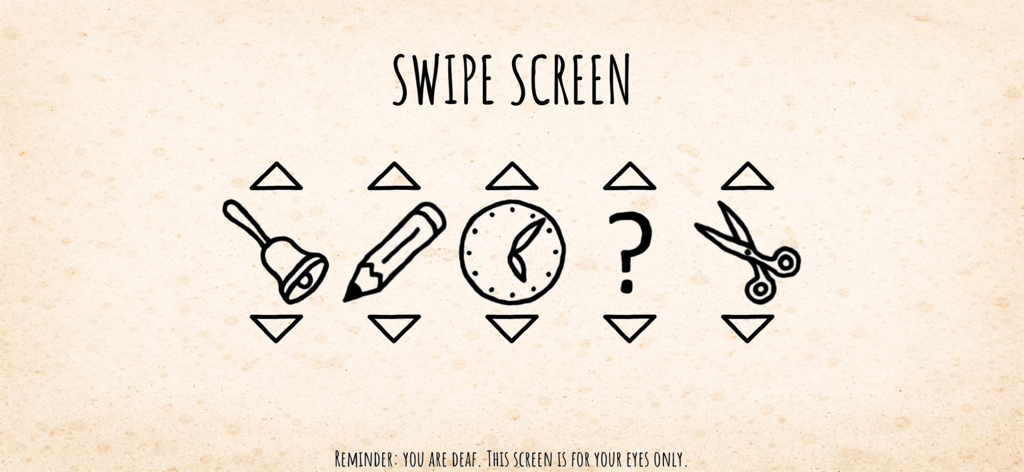 SenSense - A hand-drawn puzzle screen in SenSense featuring icons of a bell, pencil, clock, question mark, and scissors with swipe arrows.