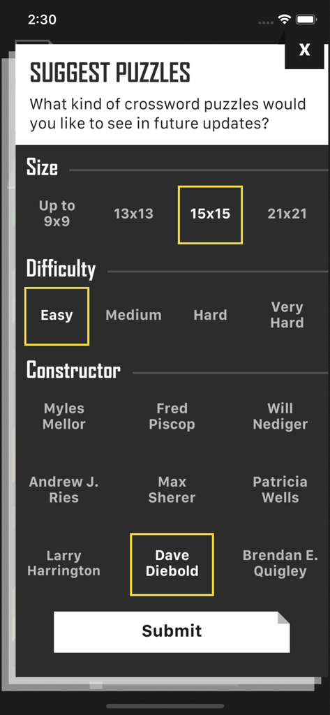 In-app survey for users to suggest crossword puzzles by selecting their preferred size difficulty and constructor.