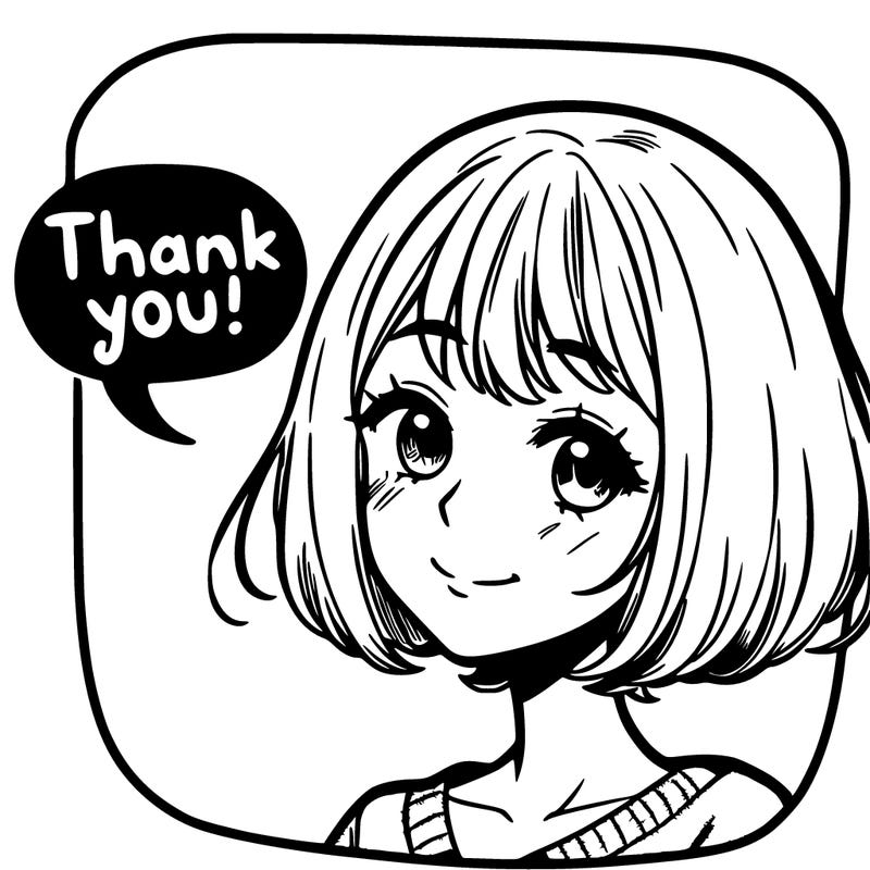 manga woman with short hair saying thank you in a chat bubble