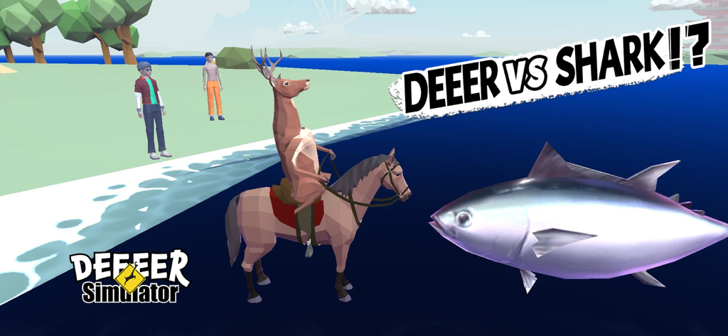 A deer riding a horse facing off against a giant shark in the water