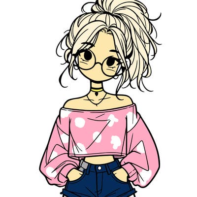 girl with a messy ponytail glasses a baggy crop top and jean shorts