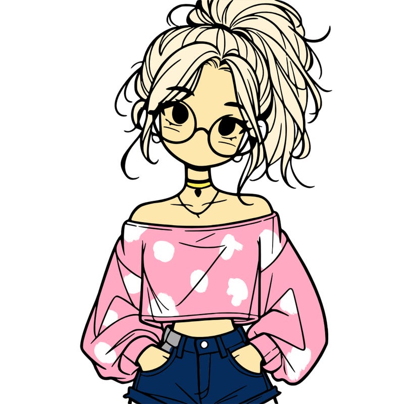 girl with a messy ponytail glasses a baggy crop top and jean shorts