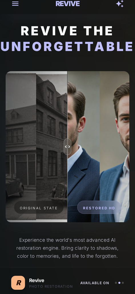 Revive - Restore Old Photos - Confronto prima e dopo del ripristino foto AI che mostra il ritratto originale in bianco e nero e quello restaurato a colori