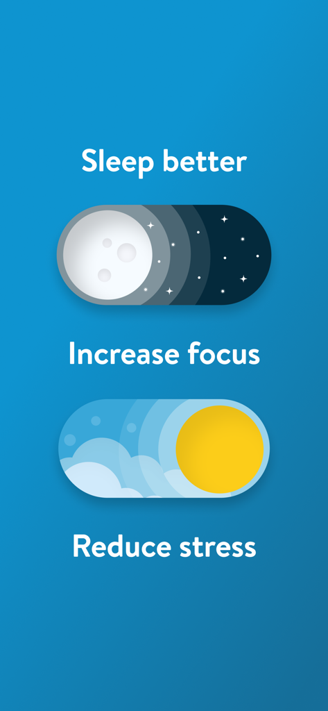 Insight Timer–Meditate & Sleep - Um gráfico mostrando os benefícios do Insight Timer, incluindo dormir melhor, aumentar o foco e reduzir o estresse com ícones de sol e lua