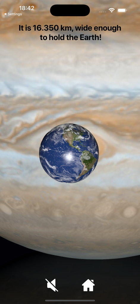 Eine 3D-Visualisierung, die die Erde im Vergleich zum Großen Roten Fleck des Jupiter zeigt