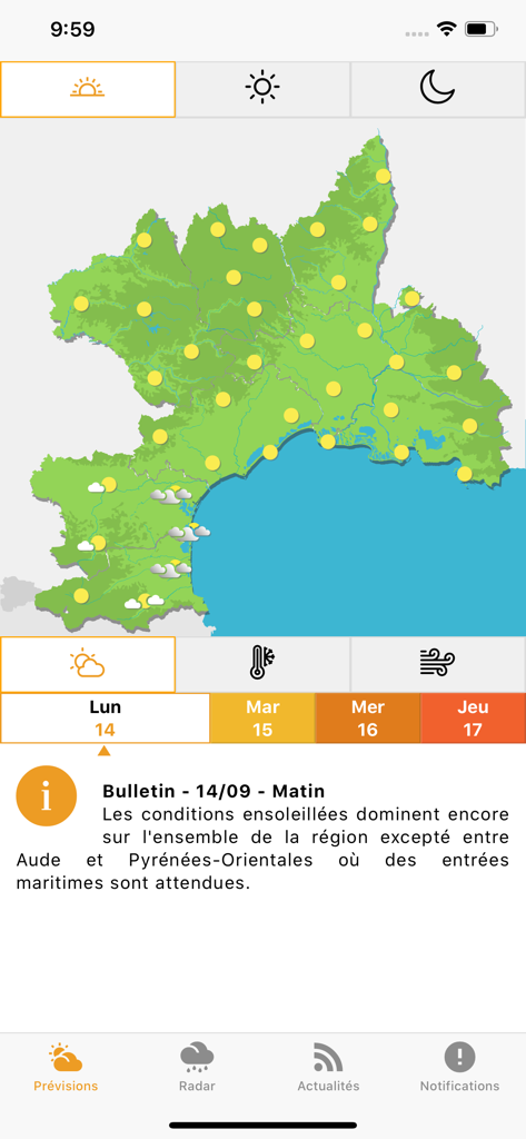 Météo Languedoc - Carte météo régionale du sud de la France montrant un temps ensoleillé dans l'application Météo Languedoc