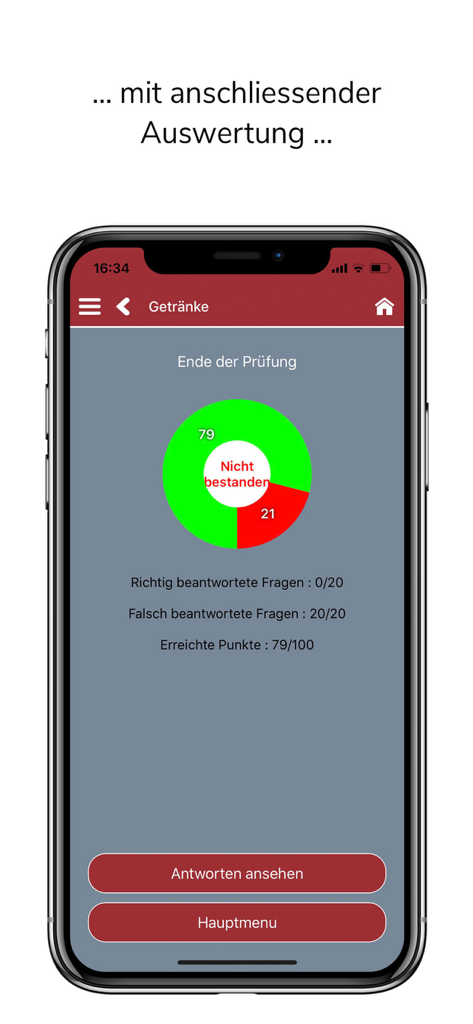 Tela de resultados de teste do aplicativo treinador de vocabulário Sursilvan mostrando um gráfico de pizza do progresso de aprendizado