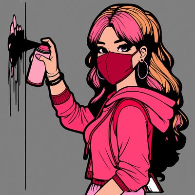 realistic girl with mask spray painting a wall