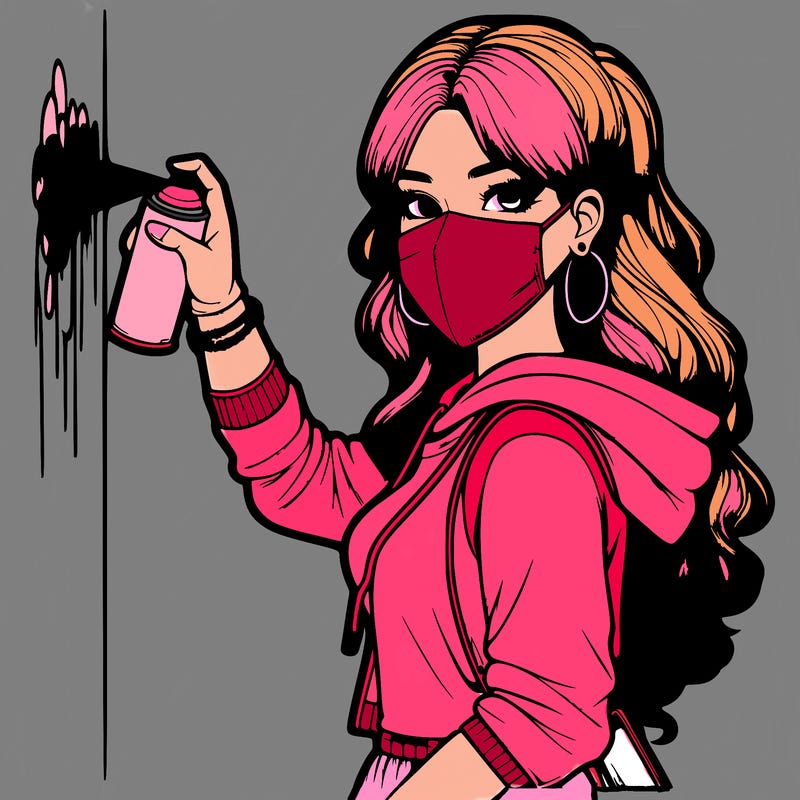 realistic girl with mask spray painting a wall