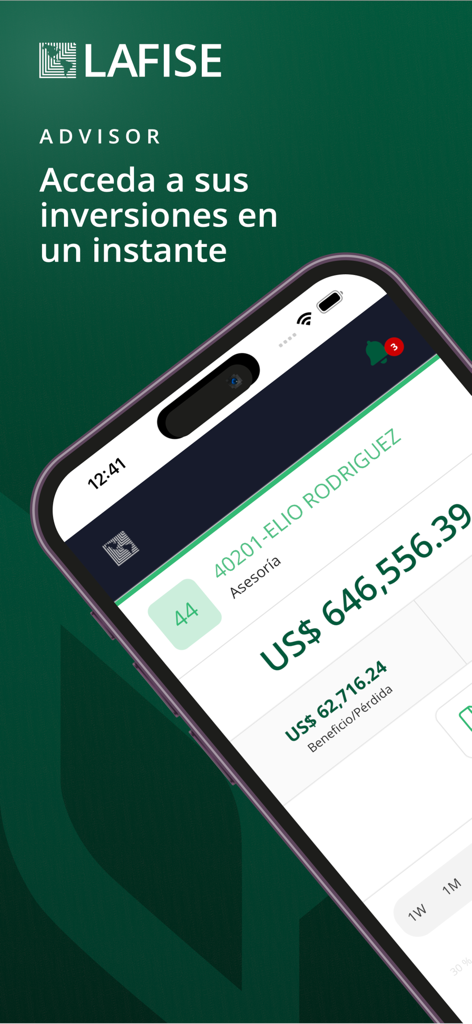 LAFISE Advisor - LAFISE Advisor app screenshot showing an investment portfolio dashboard with total balance and profit figures