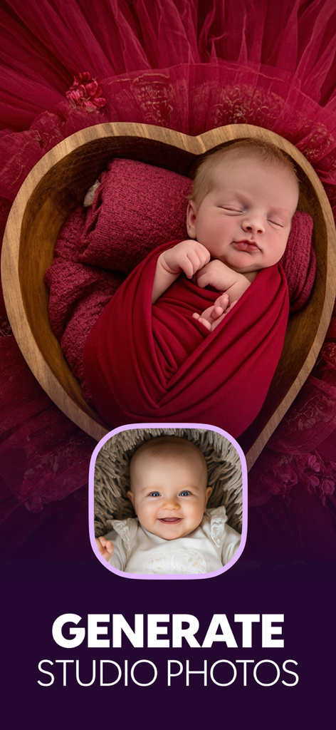 AI生成のプロスタジオ写真。ハート型の木製ボウルで眠る赤ちゃん