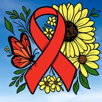 cancer awareness symbol with flowers and butterflies