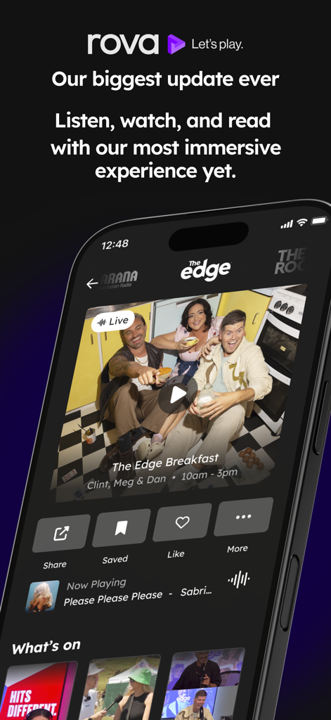 Screenshot of the rova app interface showing a live radio broadcast from The Edge Breakfast station.