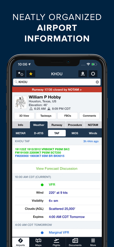 ForeFlight Mobile EFB - ForeFlight Mobile EFB displaying neatly organized airport information and weather data for pilots
