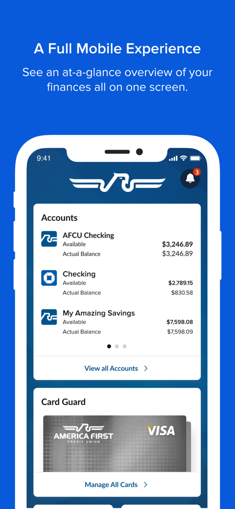 America First Credit Union - America First Credit Union App Dashboard, das Kontostände und die Card Guard-Sicherheitsfunktion anzeigt