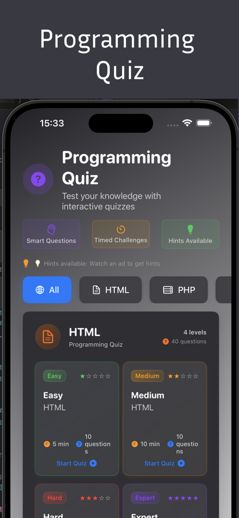 A screenshot of the CodeGame app showing the programming quiz section with various difficulty levels for HTML.