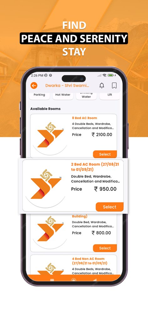 YatraDham mobile app interface showing available room options and prices for spiritual pilgrimages