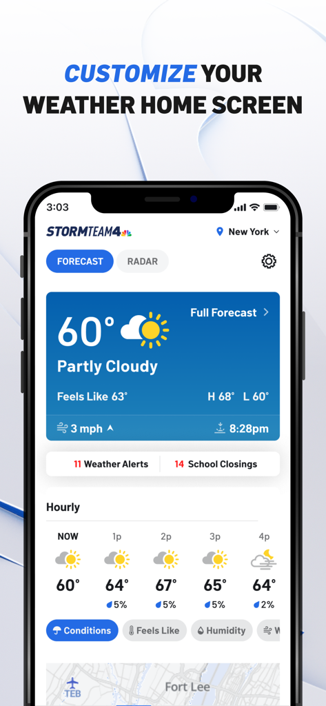 NBC 4 New York: News & Weather - Interfaz de pantalla de inicio del clima personalizable de la aplicación NBC 4 New York.