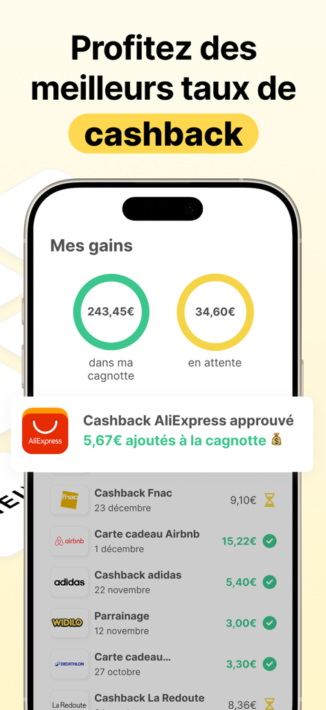 Widilo: Cashback & Codes Promo - Interface de l'application Widilo montrant le total des gains de cashback et l'historique des transactions