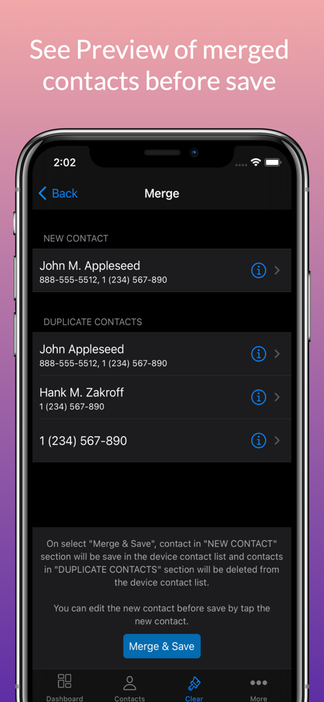 Contact Manager + - Interfaz de la aplicación Contact Manager que muestra una vista previa de la fusión de contactos duplicados en una sola entrada.