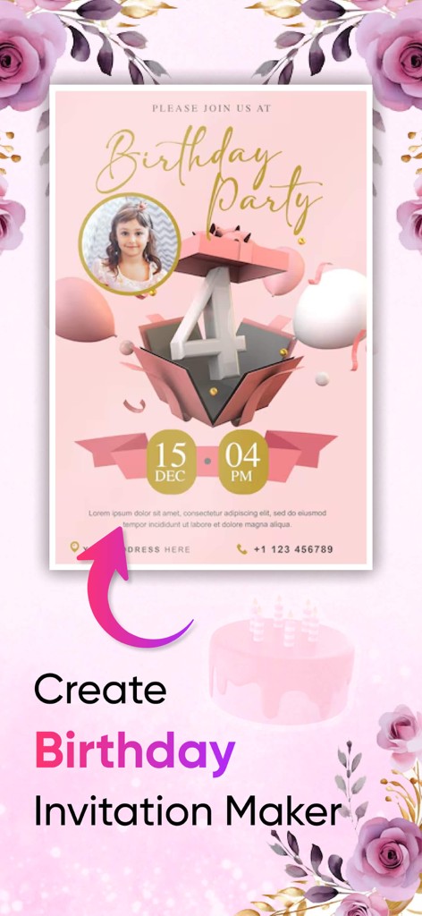 Birthday Greeting Card Creator - Customizable fourth birthday invitation with photo and pink floral decorations