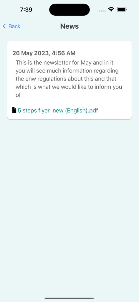 News section of the Leecare P6MyCarePlan app showing a newsletter update and a PDF download link.