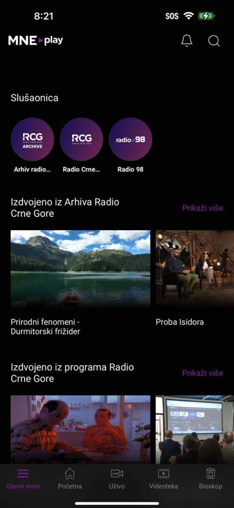 MNE Play - MNE Play app interface featuring radio stations and video archives from Montenegro