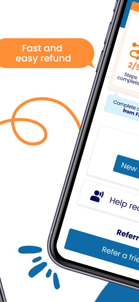 SkipTax mobile app screen displaying fast and easy refund message with user dashboard and referral options