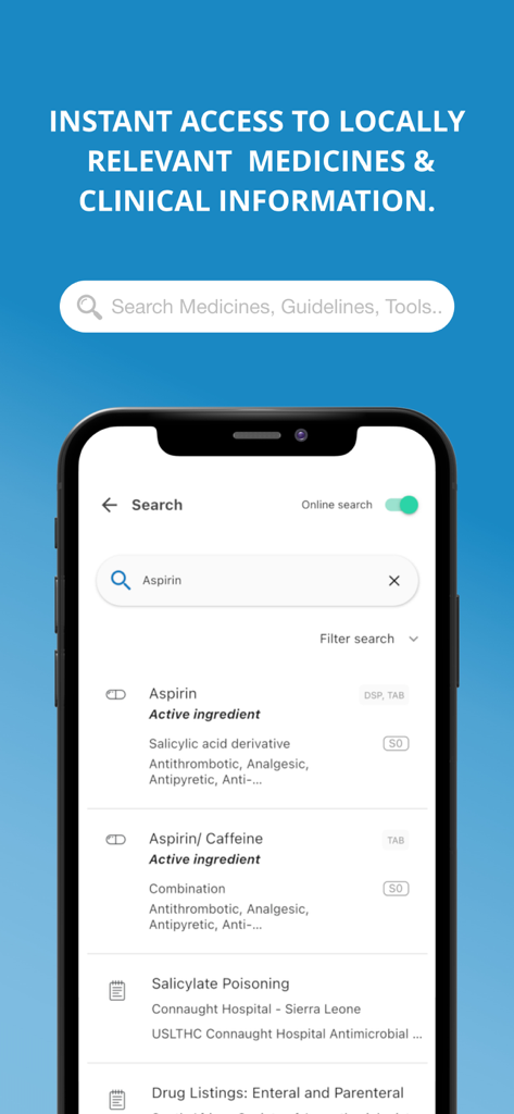 A mobile app screen showing a search for Aspirin with medicine and clinical guideline results.