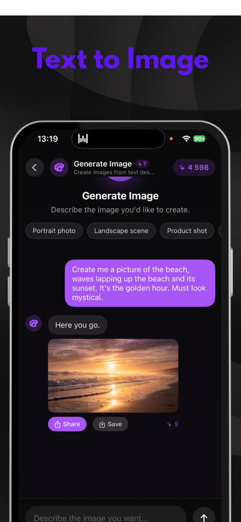 Clippi app interface showing the generation of an AI image of a sunset beach from a text prompt