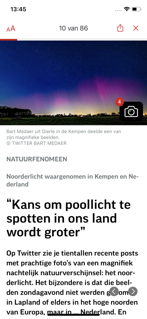 Gazet van Antwerpen - News article about the northern lights in the Gazet van Antwerpen mobile app