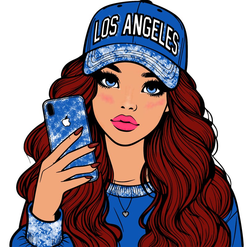 realistic beautiful girl wearing los ángeles cap holding an iphone